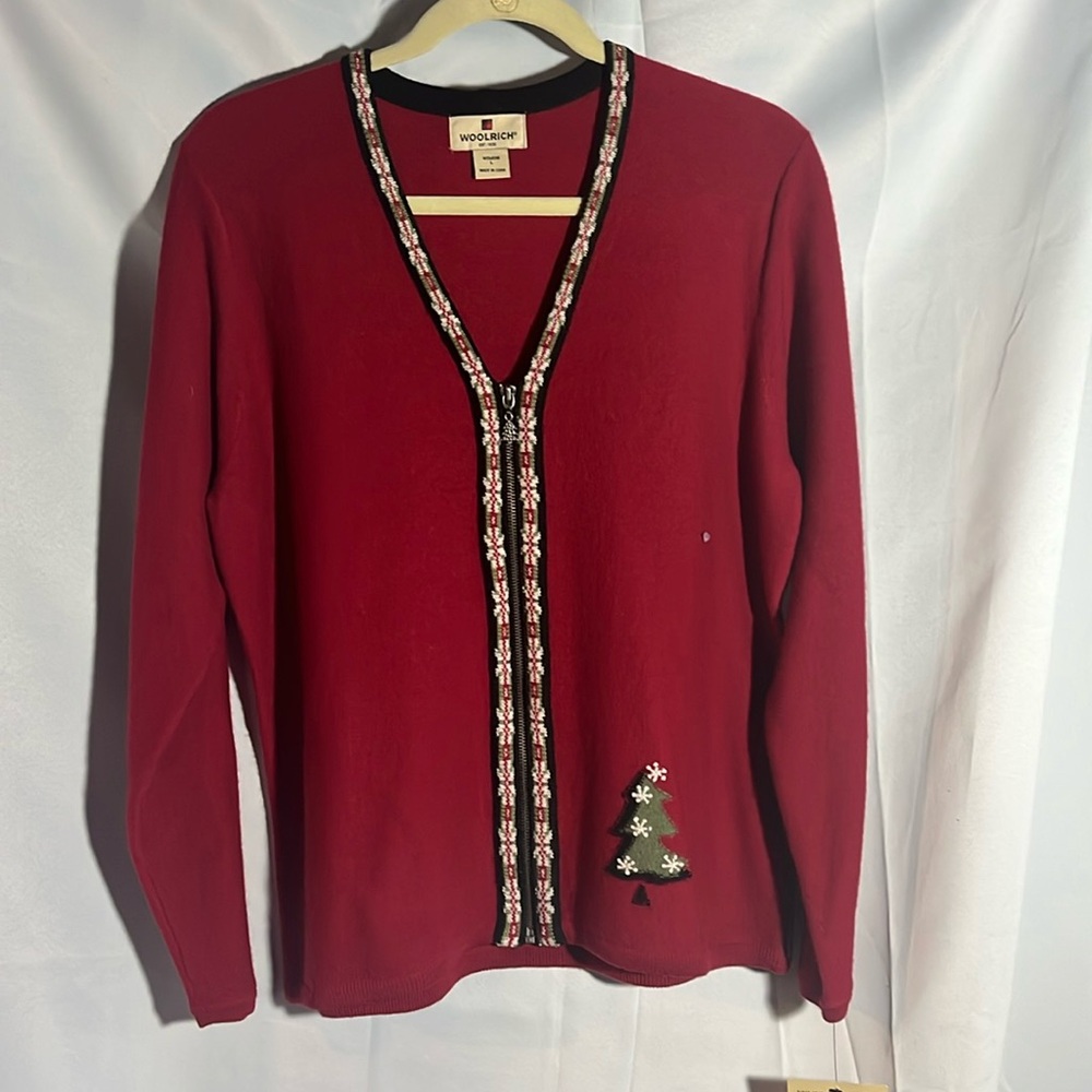 Red v-neck cardigan - tree trim - wool - Woolrich - large
